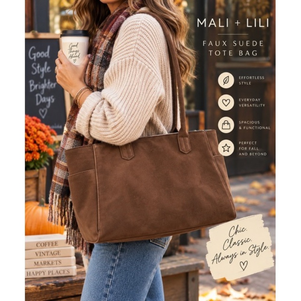Mali + Lili Faux Suede Tote Bag Brown Shoulder Bag MAL-FA-100 NWT
